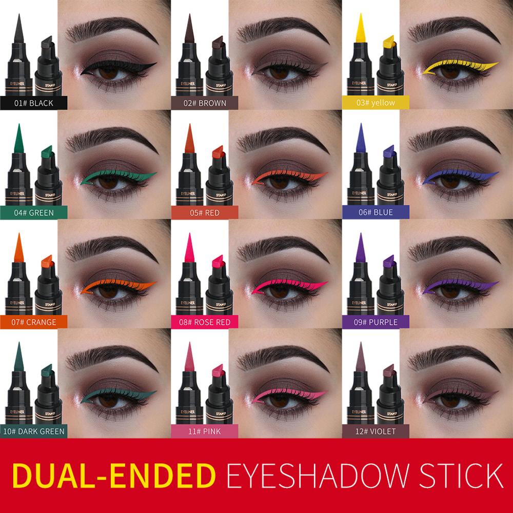 QIBEST Double-Headed Seal Liquid Eyeliner Pencil Waterproof Eyeliner Stamp 12 Colors Quick Dry Contouring Eyeliner Pen Makeup