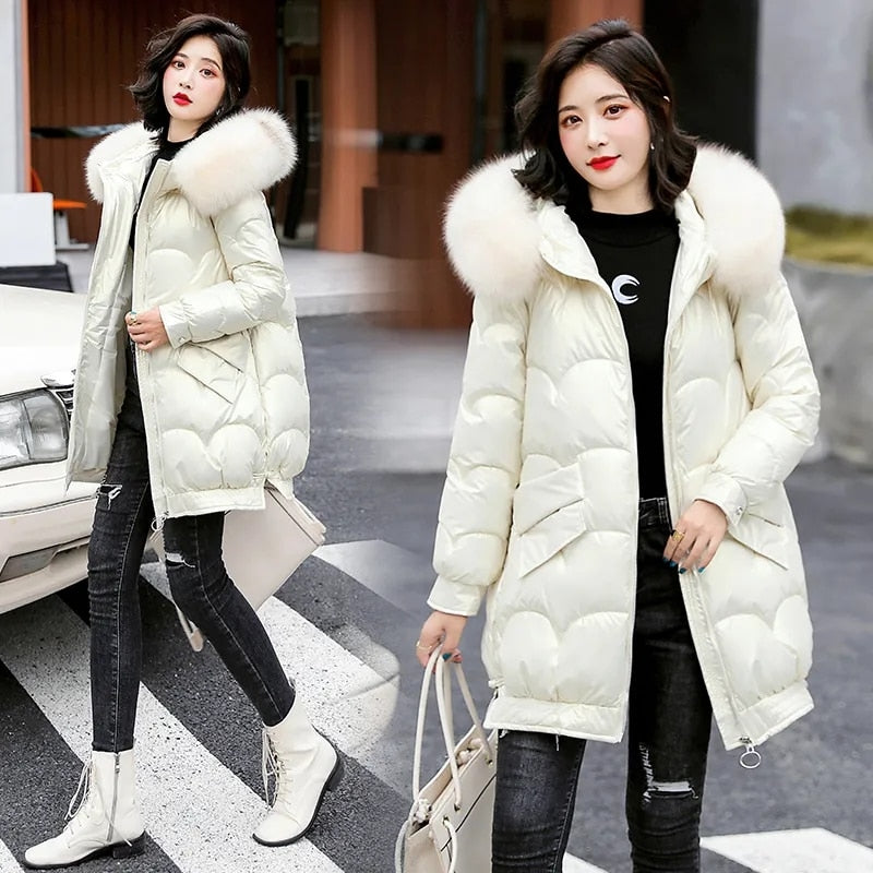 Womens New Fashion Fur Collar Hooded Thick Warm Parkas Casual Female Long Snow Wear Coat Outwear