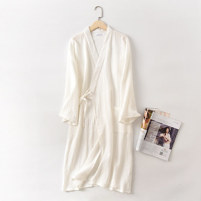 Crepe Gauze Bathrobe Solid 100% Cotton Robe Long-sleeved V-neck Kimono Wedding Robes Sleepwear Plus Size Dressing Gown