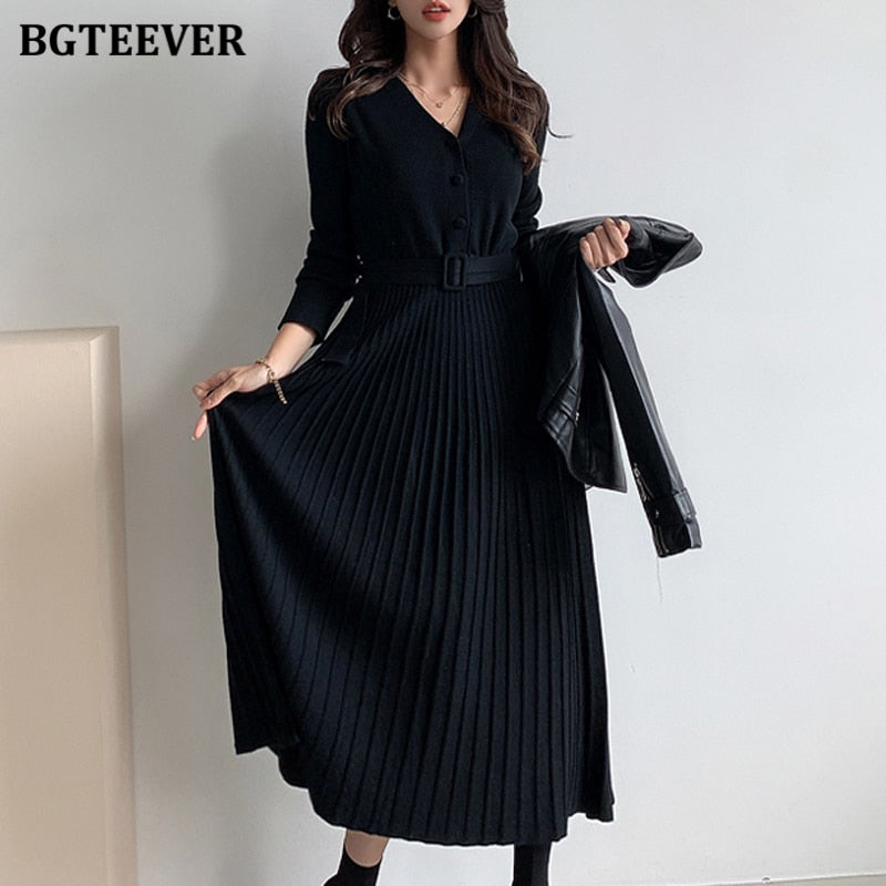 Elegant V-neck Single-breasted Sweater Dress - Belted Female A-line soft dresses