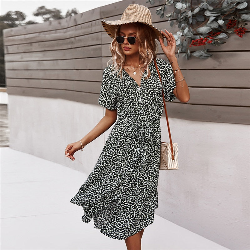 Msfilia Spring Summer Ladies Bandage Dress Women Medium Long Sleeve Button Floral Print Holiday Style Chic Dress Female