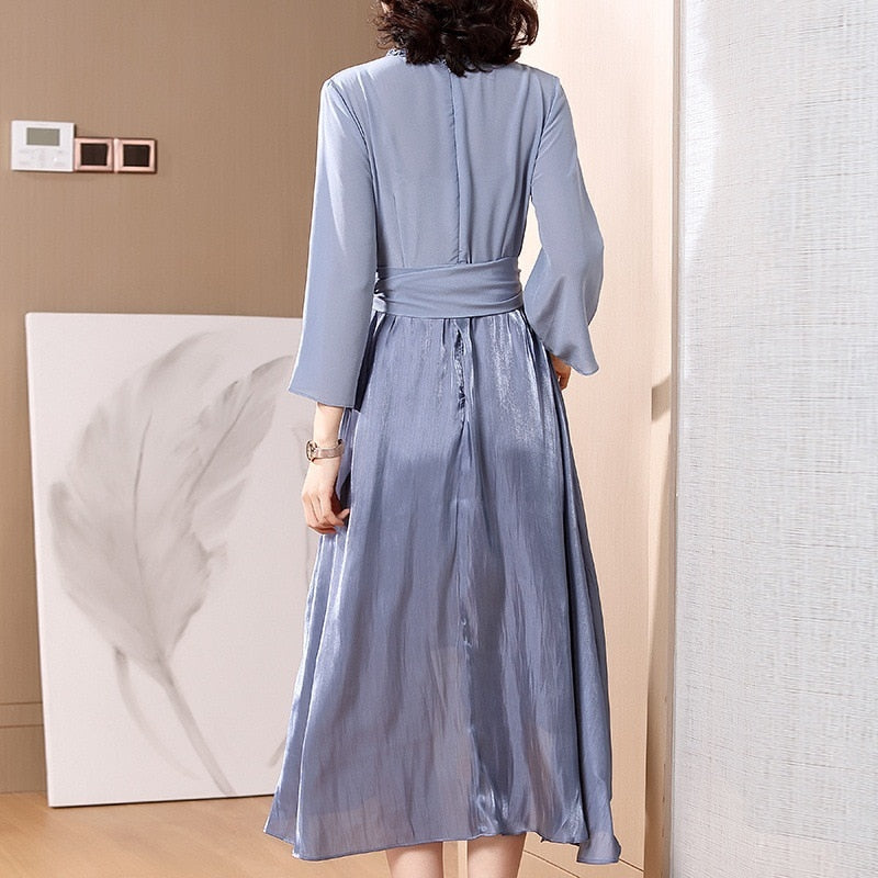 Spring and summer V-neck, sleeved silk silk dress