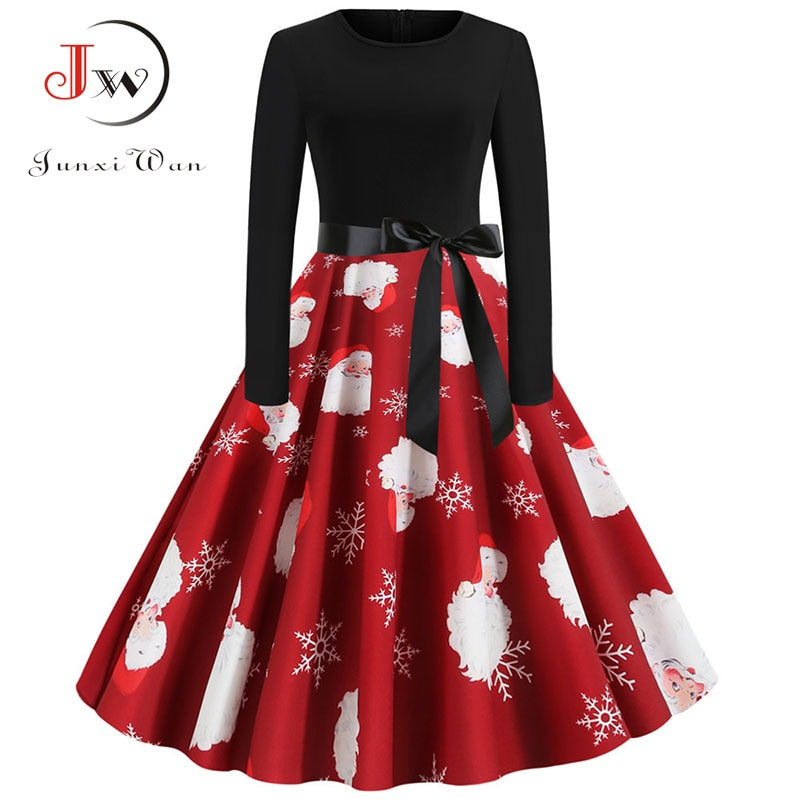 Christmas Dresses Women Vintage Robe Swing Pinup Elegant Party Dress Long Sleeve Casual Print Black