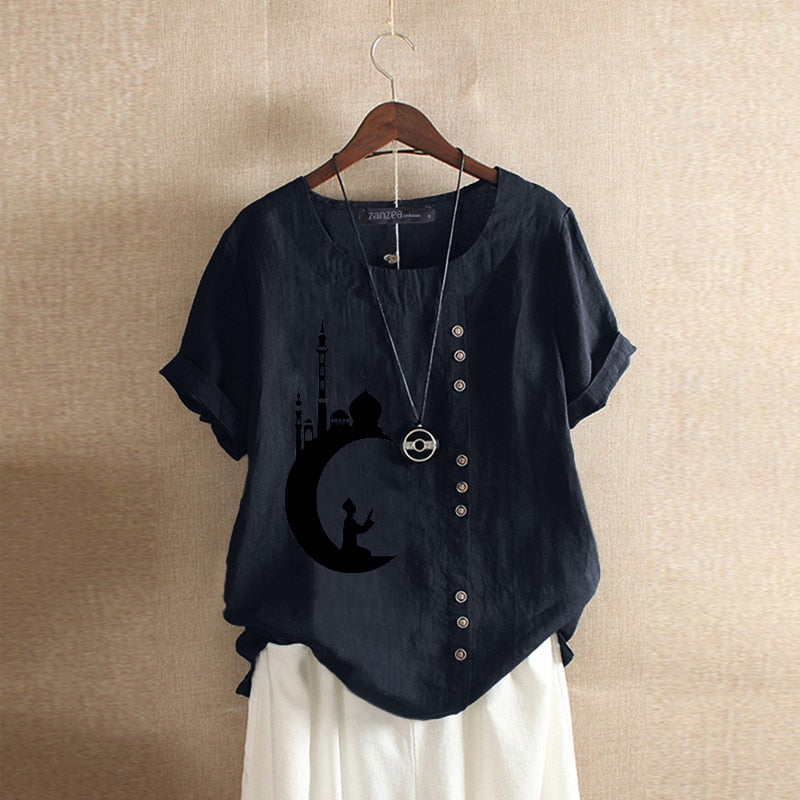 Summer Embroidery Tops Kaftan Women's Blouse Short Sleeve Tee Shirts Female O Neck Blusas  Casual Tunic