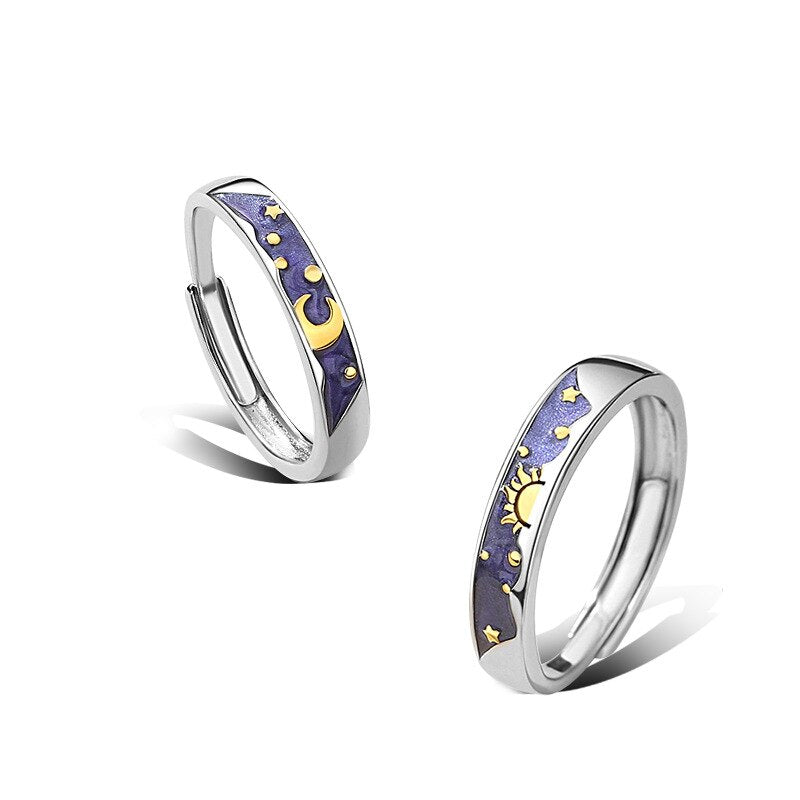 Sterling Silver Enamel Sun Moon Starry Sky Couple Rings For Women Romantic Style Gifts For Lovers Fine Jewelry