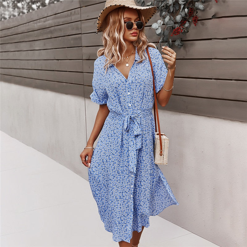 Msfilia Spring Summer Ladies Bandage Dress Women Medium Long Sleeve Button Floral Print Holiday Style Chic Dress Female