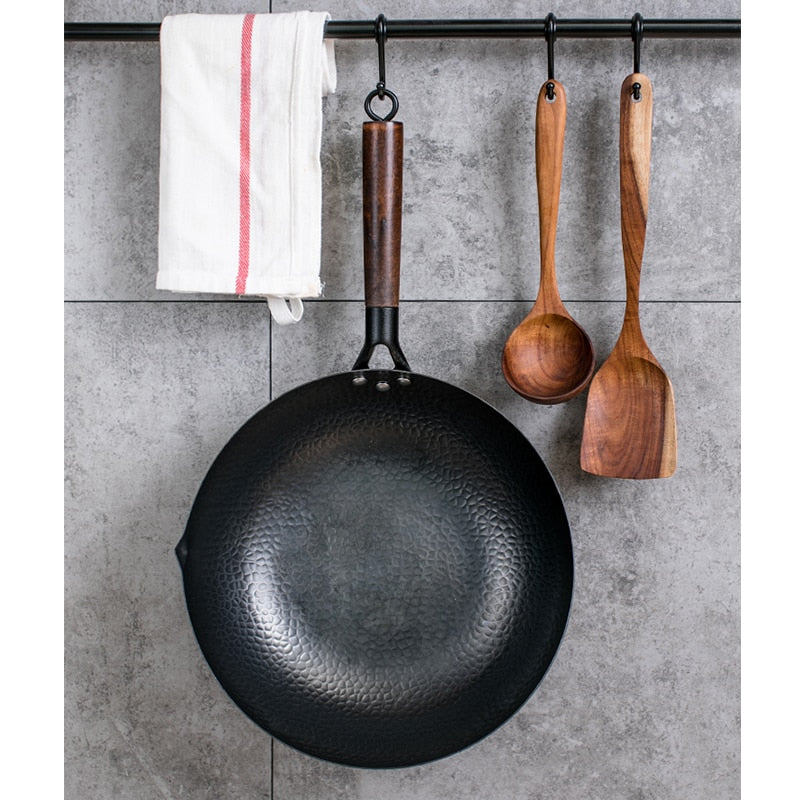 32cm Iron Wok Traditional High Quality Carbon Steel Wok Non-stick Woks Pan with Wood lid Kitchen Cookware for All Stoves