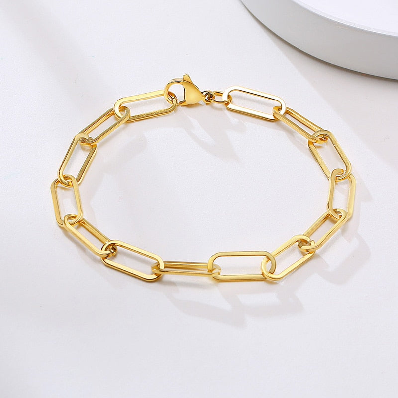 Paperclip Chain Bracelet for Women,Gold Color Stainless Steel Rectangle Link Bracelets,Cable Dainty Girls Layering Jewelry