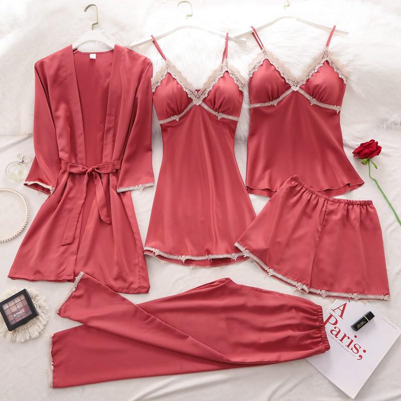 Women Robe Suit Pajamas Nighty&Satin Kimono Bathrobe Gown Nightdress Silky Lace Sleep Set Nightwear Sexy Nightgown