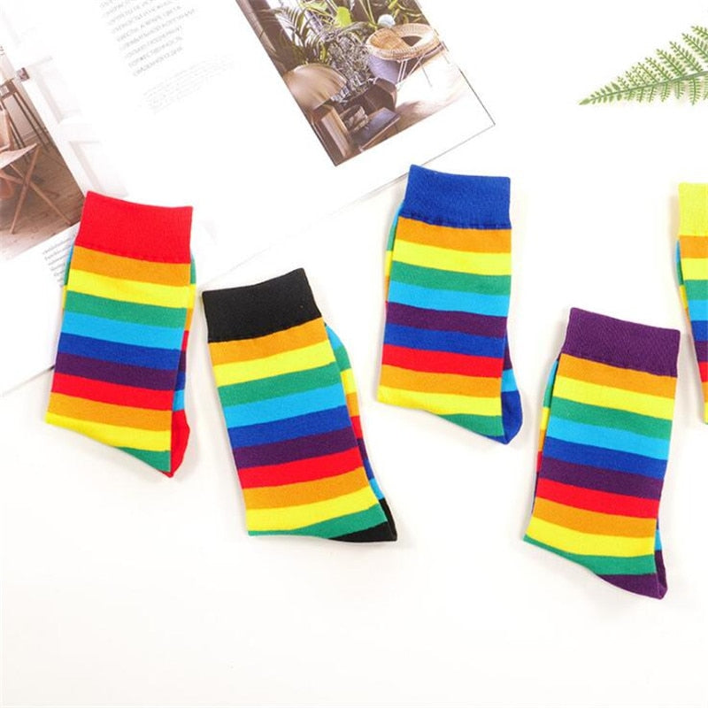 Cotton Elasticity Sweat Women's High Socks Candy Color Rainbow Socks Striped Sporty Meias Casual Streetwear Harajuku Socks