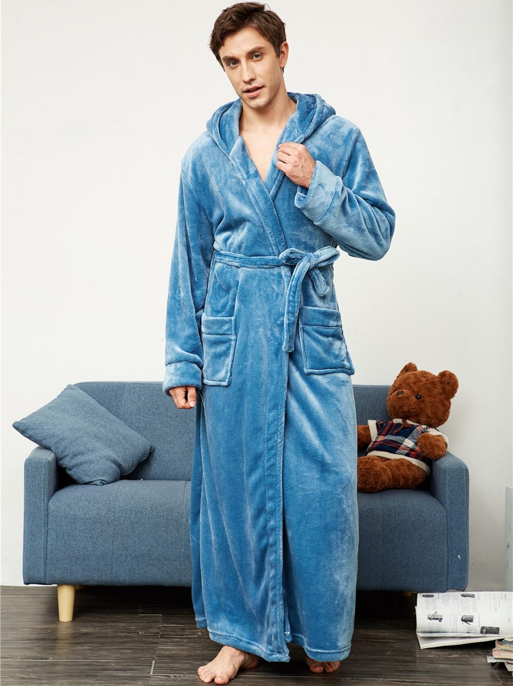 Loose HOOD Sleepwear Winter Ultral Long Large Flannel Men Robe Gown Casual Bathrobe MEN&WOMEN Thick Warm For 130KG Home Clothes