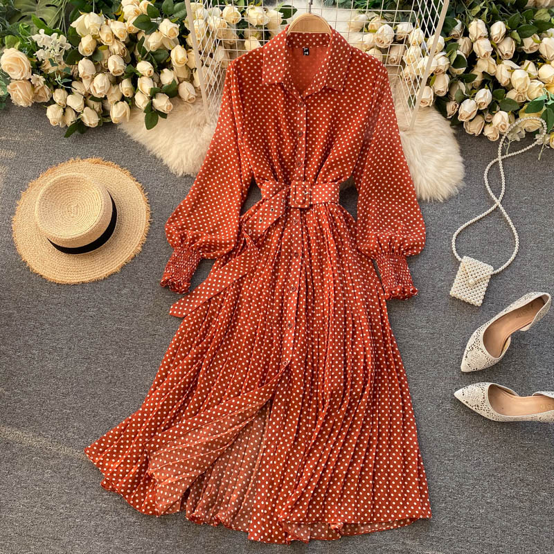 Women Vintage Maxi Party Dress Long Sleeve Orange Polka Dot Pleated Evening Black Vestidos Femme Fashion Robe New