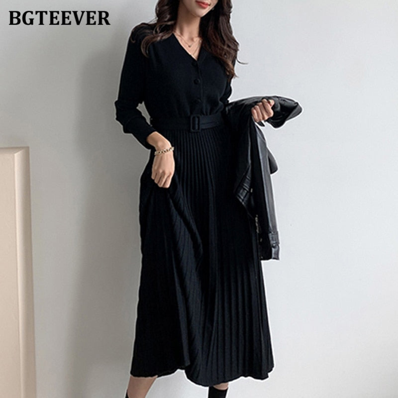 Elegant V-neck Single-breasted Sweater Dress - Belted Female A-line soft dresses