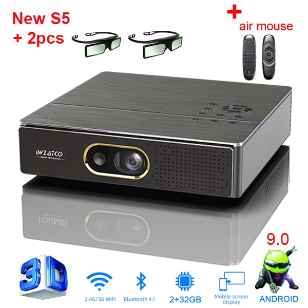 WZATCO S5 Portable MINI DLP 3D Projector 4K 5G WIFI Smart Android9.0 for Home Theater Beamer Full HD 1080P Video lAsEr Proyector