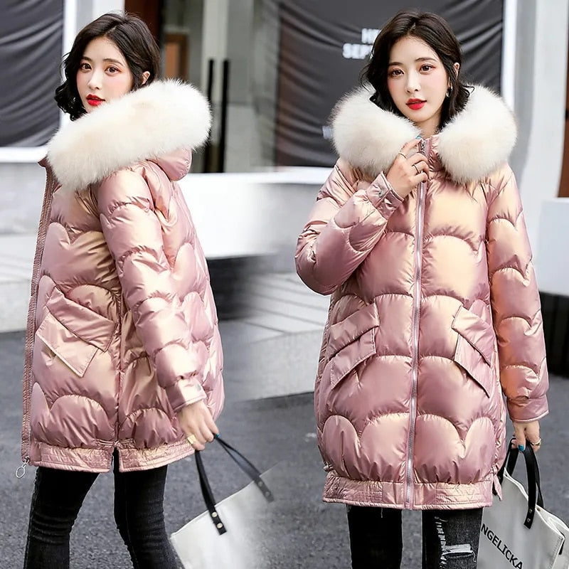 Womens New Fashion Fur Collar Hooded Thick Warm Parkas Casual Female Long Snow Wear Coat Outwear