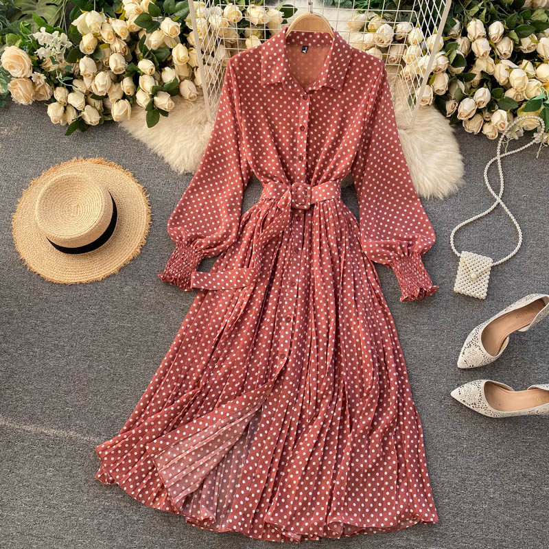 Women Vintage Maxi Party Dress Long Sleeve Orange Polka Dot Pleated Evening Black Vestidos Femme Fashion Robe New