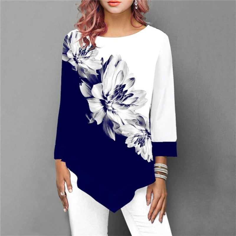 Oversized Women T Shirt Casual Irregular O-Neck Lace Splice Floral Printing Tee Shirt Women's Tops Pullovers Clothing