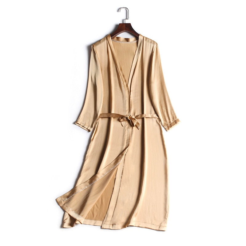 100% Natural silk Women Robes Silk Satin Knee length robe Belted Healthy Sleep wear 2021 Spring Fall Home Wears Kimono