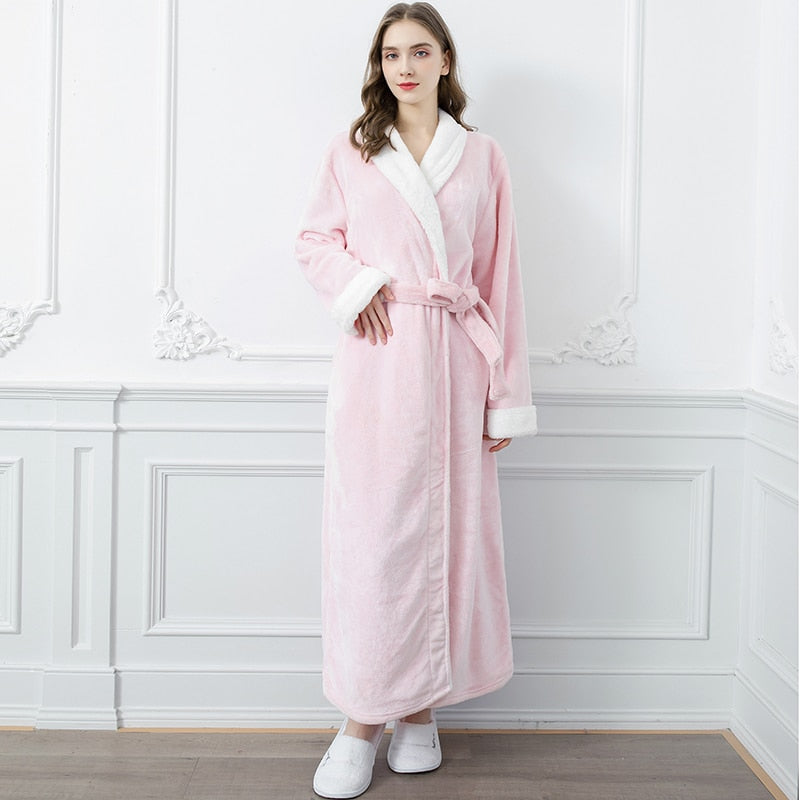 Winter Long Coral Fleece Bathrobe Kimono Warm Flannel Bath Robe Men Cozy Robes Night Sleepwear Women Dressing Gown