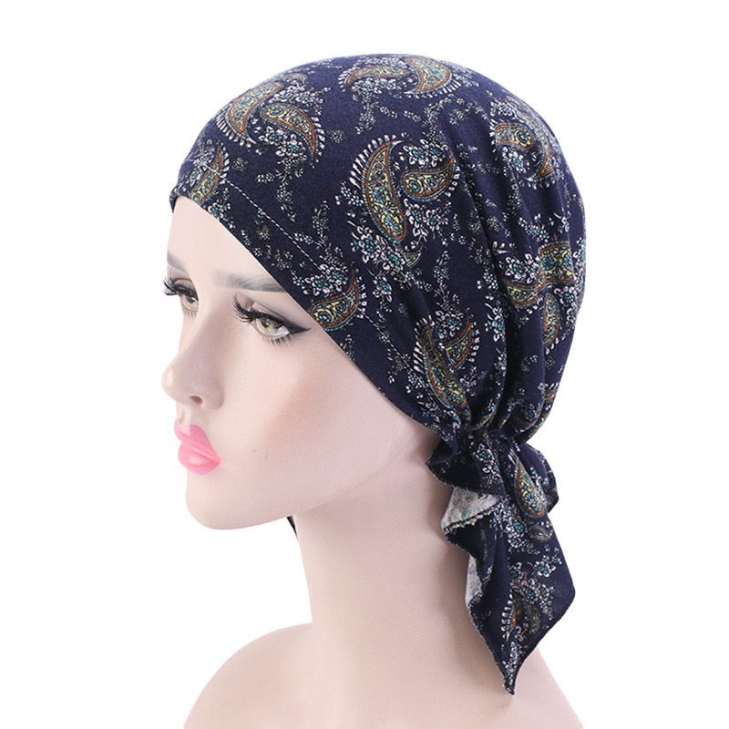 New fashion print woman turban hat soft elastic flowers lady muslim headdress wrap head scarf hijab caps turbante female