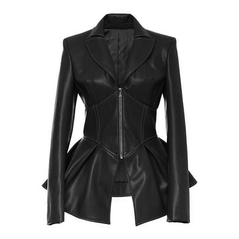 Biker Style Patchwork Irregular Jacket Women Lapel Collar Long Sleeve High Wait Tunic