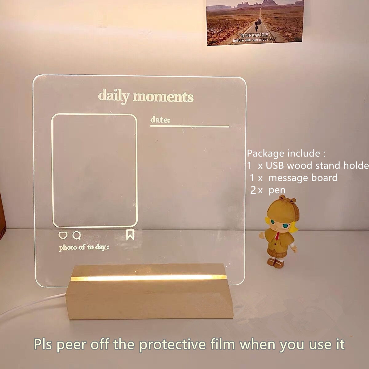 MINKYS New Arrival USB Acrylic Daily Moments Photo Memo Message Board With Wood Stand Holder Set Lamp Creative School Stationery