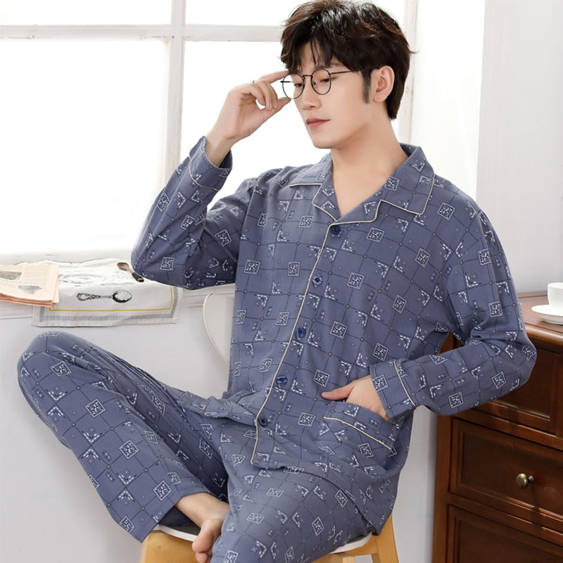 Winter 100% Cotton Pajamas Men Lounge Sleepwear Blue Plaid Pijama Man's Warm Bedgown Home Clothes PJ Pure Pijama Hombre Invierno