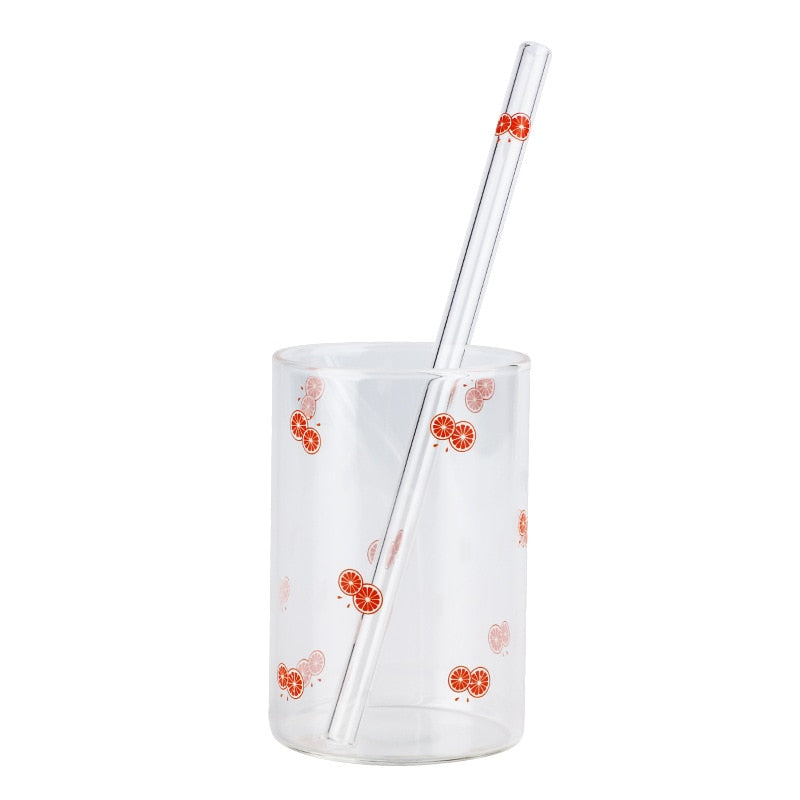 VIP LINK 2pc Cute Printing Straws Glass Cup Fruit Pattern Transparent Milk Water Cup Heat Resistant Coffee Tea Drinkware Cup