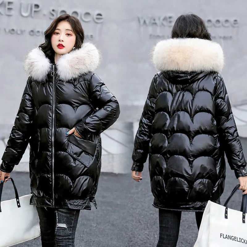 Womens New Fashion Fur Collar Hooded Thick Warm Parkas Casual Female Long Snow Wear Coat Outwear