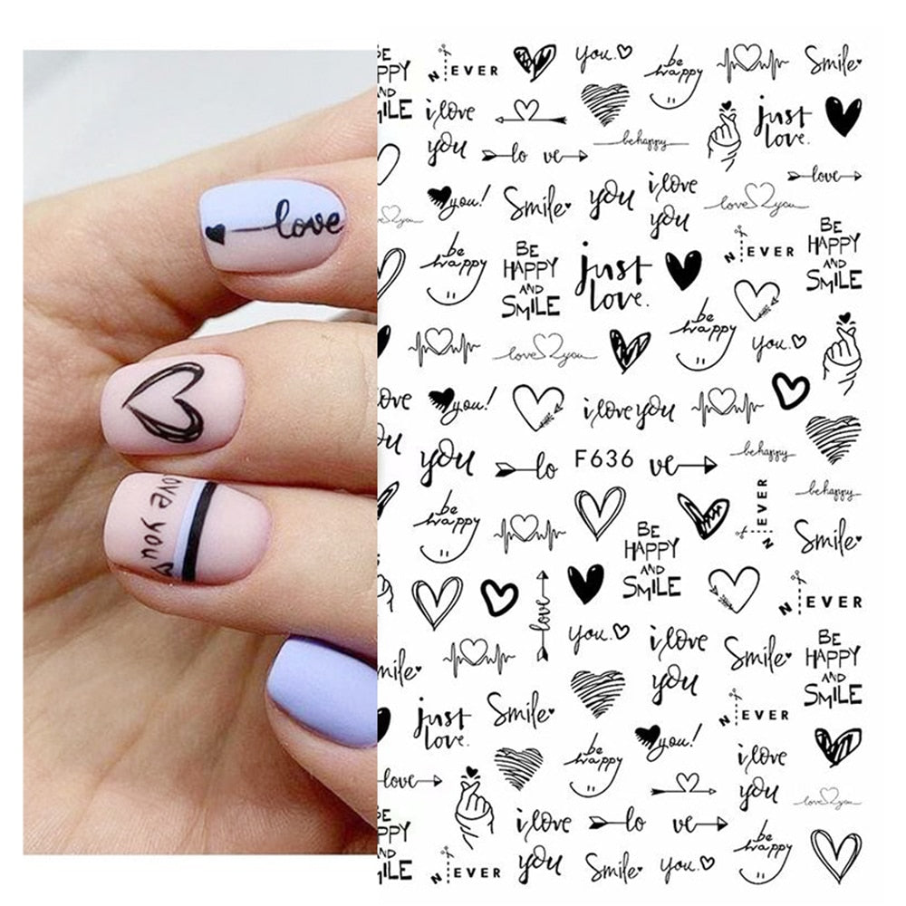 1pcs 3D Nail Sticker Black Heart Love Self-Adhesive Slider Letters Nail Art Decorations Stars Decals Manicure Accessories