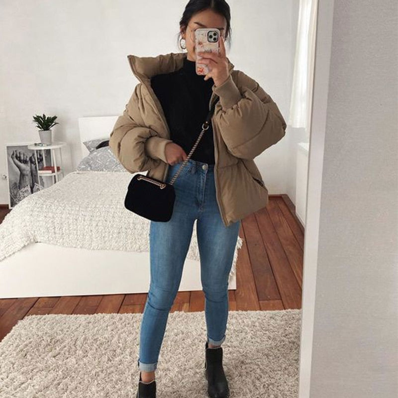 Gtealife Fashion Stand Collar Parkas Women Thick Warm Winter Bubble Coats Female Khaki Jackets Pockets Zipper Simple Overcoats