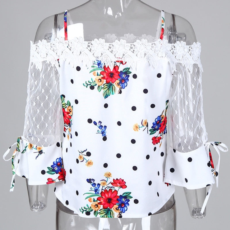 Stylish Party Top Female Fashion Basic Casual Shirt Cold Shoulder Mesh Insert Dots Floral Print Blouse