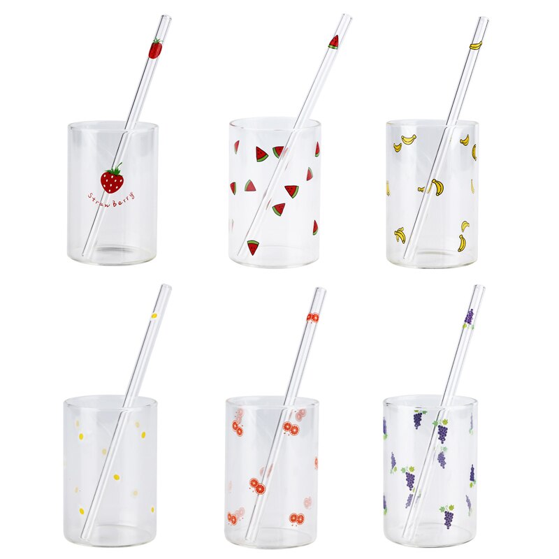 VIP LINK 2pc Cute Printing Straws Glass Cup Fruit Pattern Transparent Milk Water Cup Heat Resistant Coffee Tea Drinkware Cup