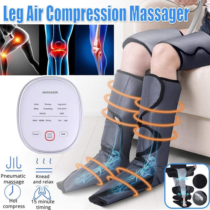 Electric Air Compression Leg Massager Pneumatic Foot and Calf Heated Air Wraps Handheld Controller Muscle Relax Pain Relief