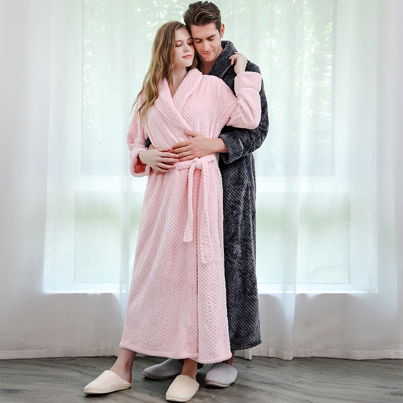 Winter Long Coral Fleece Bathrobe Kimono Warm Flannel Bath Robe Men Cozy Robes Night Sleepwear Women Dressing Gown