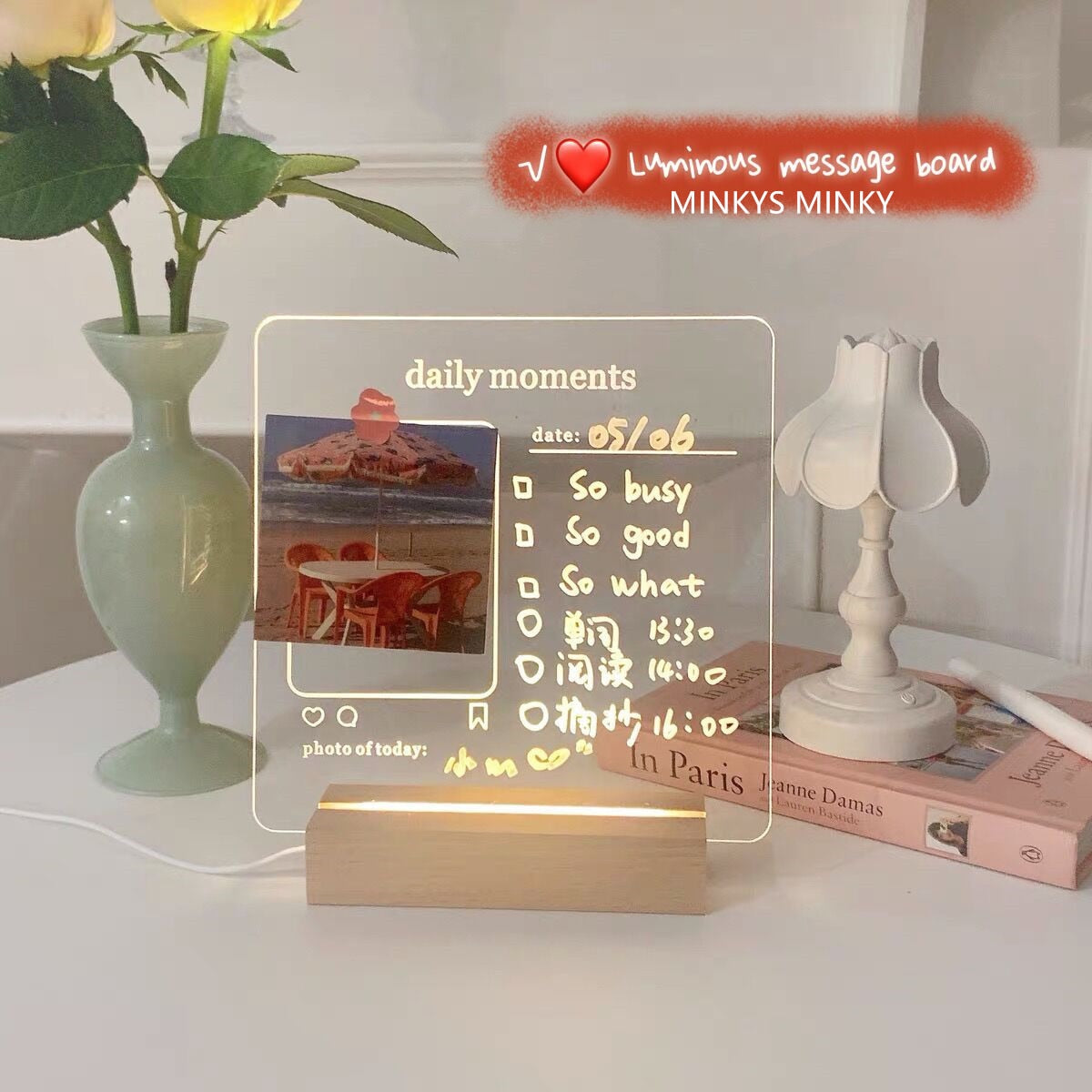 MINKYS New Arrival USB Acrylic Daily Moments Photo Memo Message Board With Wood Stand Holder Set Lamp Creative School Stationery