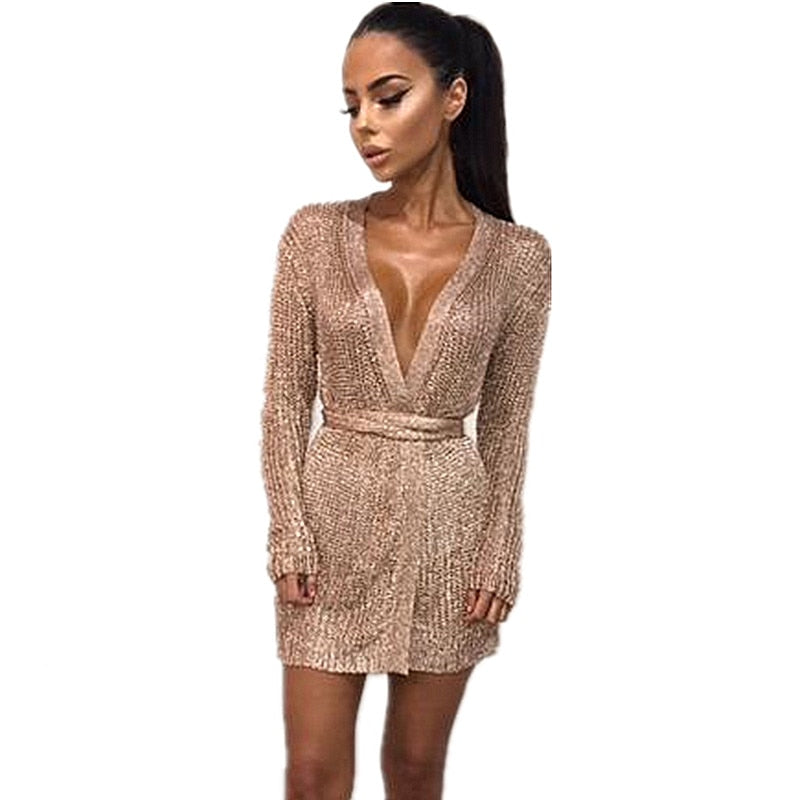 Women Sexy Dress Knitted Sweater Dress Silver Gold Club Party Bodycon Dress Deep V-neck Long Sleeve Cardigan Robe with Belt