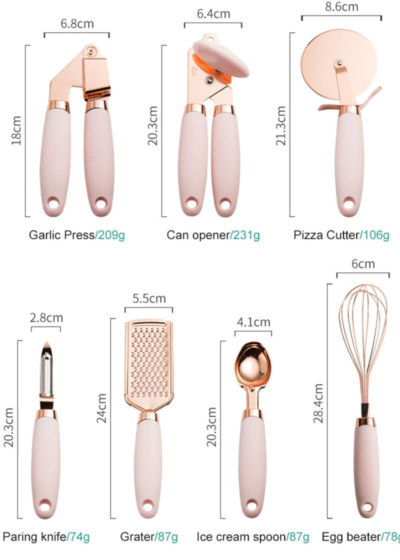 7 Pc Kitchen Set Copper Coated Stainless Steel Utensils Kitchen Gadget Ice Scream Scoop Peeler Garlic Press Cheese Grater Whisk