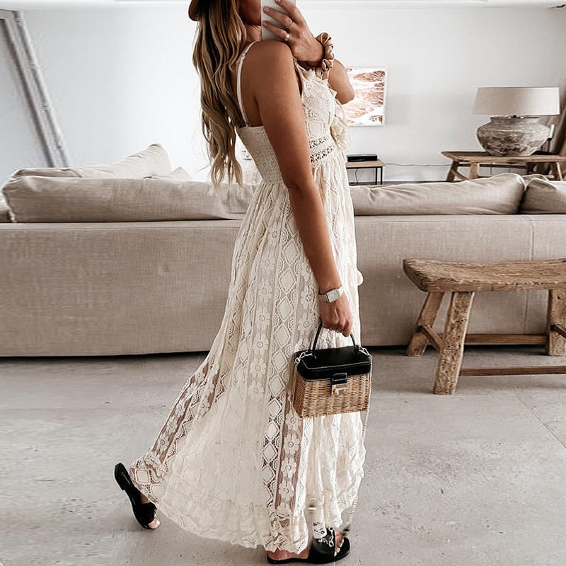 Off Shoulder Lace Patchwork Elegant Dress Women Summer  Neck Spaghetti Strap Dress Female New Fashion Solid Party Dresses