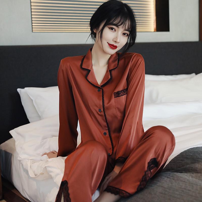 Lace Pj's 2PCS Sleepwear Women Satin Pajamas Suit Summer Pyjamas Casual Intimate Lingerie Long Sleeve Shirt&Pants Lounge Wear