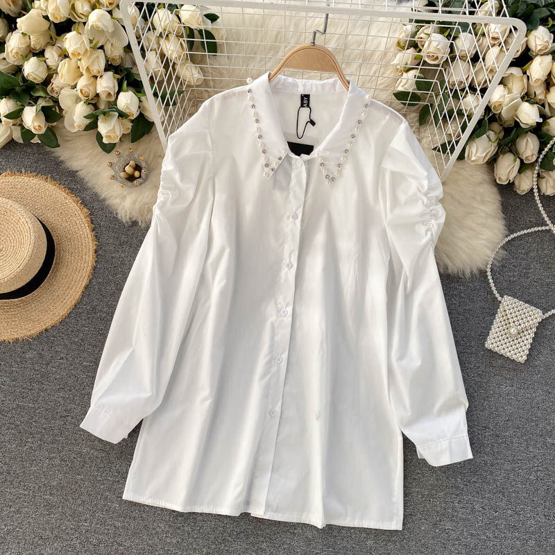 New Temperament Blouse Female Lapel Beaded Stacking Bead Blusa Sling Waistcoat C Fashion Two-piece Shirt Dropship