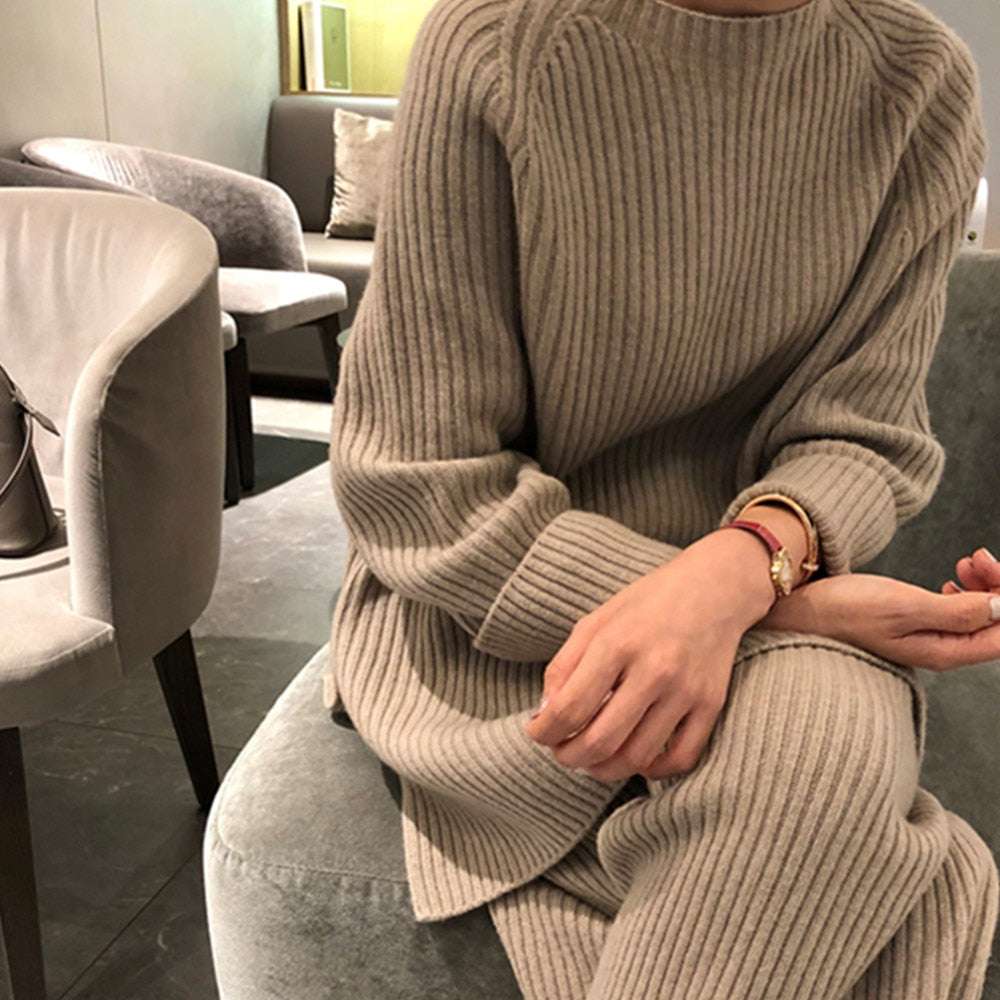 Winter Women's Thicken Warm Knitted Pullover Sweater Two-Piece Suits +High Waist Loose Wide Leg Pants Set