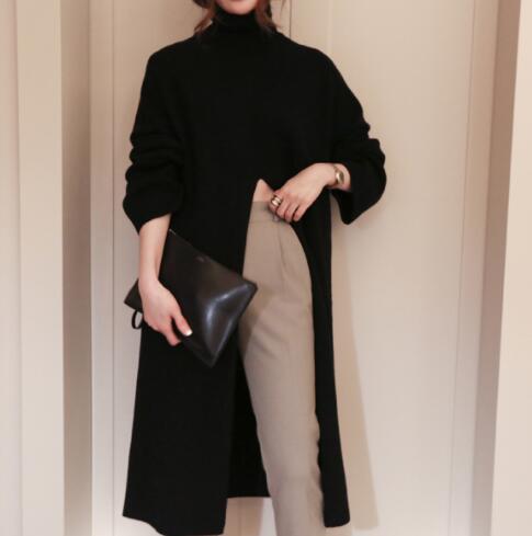 Turtleneck Long fall winter Sweater Dress Side split Female Pullover mujer sueteres