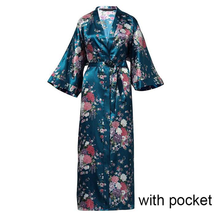 Sexy Lounge Casual Nightdess For Women Sleepwear Female Loose Print Flower Kimono Bathrobe Royal Blue Long Robe Gown With Belt