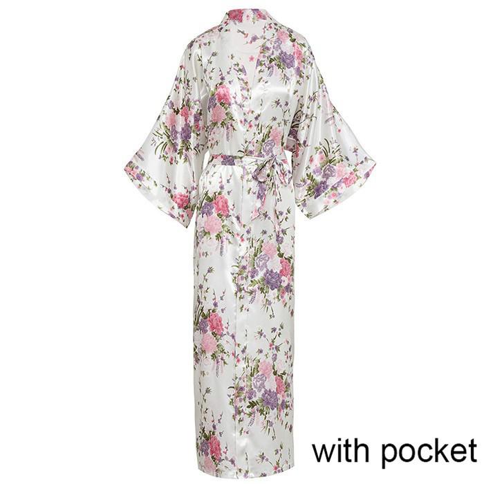 Sexy Lounge Casual Nightdess For Women Sleepwear Female Loose Print Flower Kimono Bathrobe Royal Blue Long Robe Gown With Belt