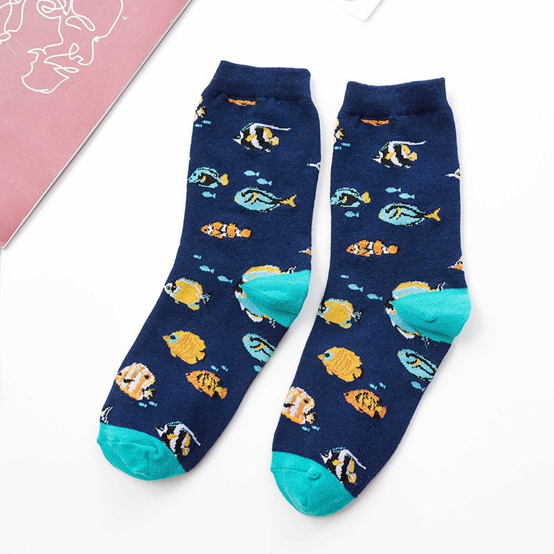 Vintage Fashion Leopard Animal Socks Women Girls Streetwear Cartoon Shell Fish Butterfly Mermaid Panther Dog Cat Cotton Socks