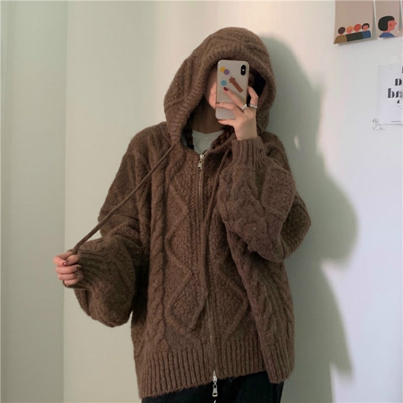 Women Autumn Winter Oversize Knitted Cardigan Casual Hooded Twist Sweater Zipper Long Sleeve Crochet Outerwear