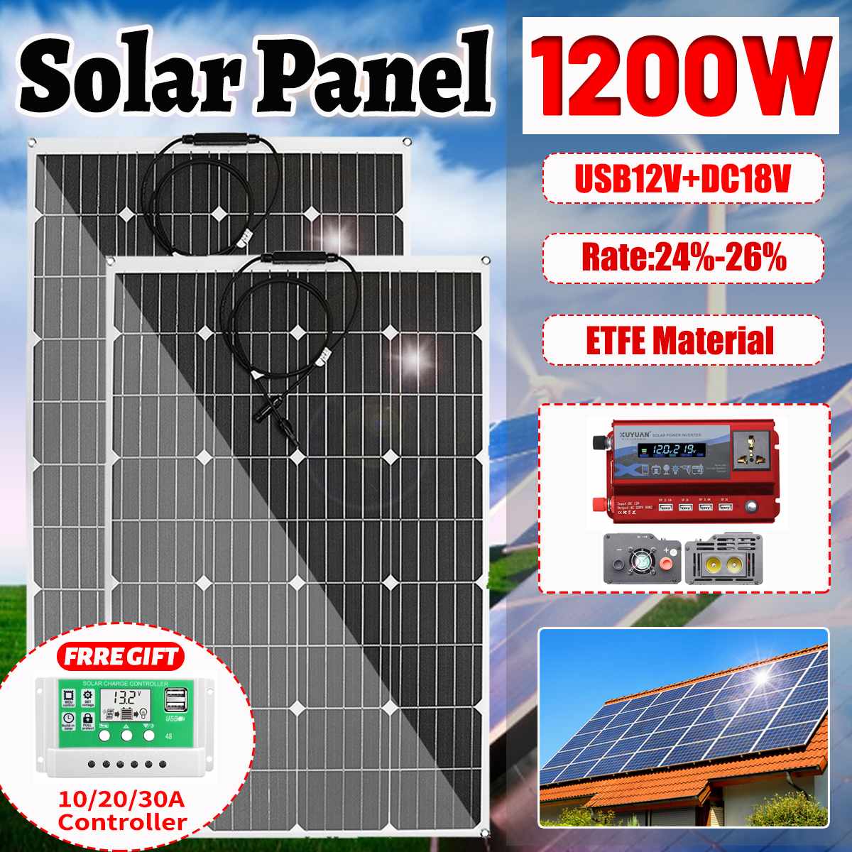 600w 1200w ETFE Solar Panel 12v Photovoltaic Home System Inverter Complete Kit Solar Cell Battery Charger For Car Boat Camping