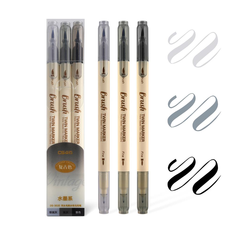 3pcs Retro color Twin Marker Pens Set Brush Drawing Fine Liner Water Based Ink Blendable Watercolor Art Painting School A6133