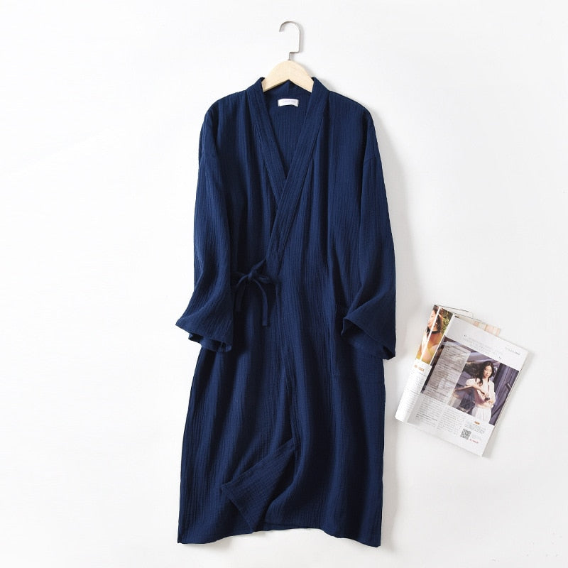 Crepe Gauze Bathrobe Solid 100% Cotton Robe Long-sleeved V-neck Kimono Wedding Robes Sleepwear Plus Size Dressing Gown